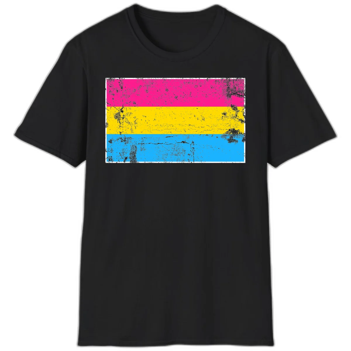 Pan pride distressed flag with magenta, yellow, and cyan blue horizontal stripes featuring heavy grunge texture overlay in Black