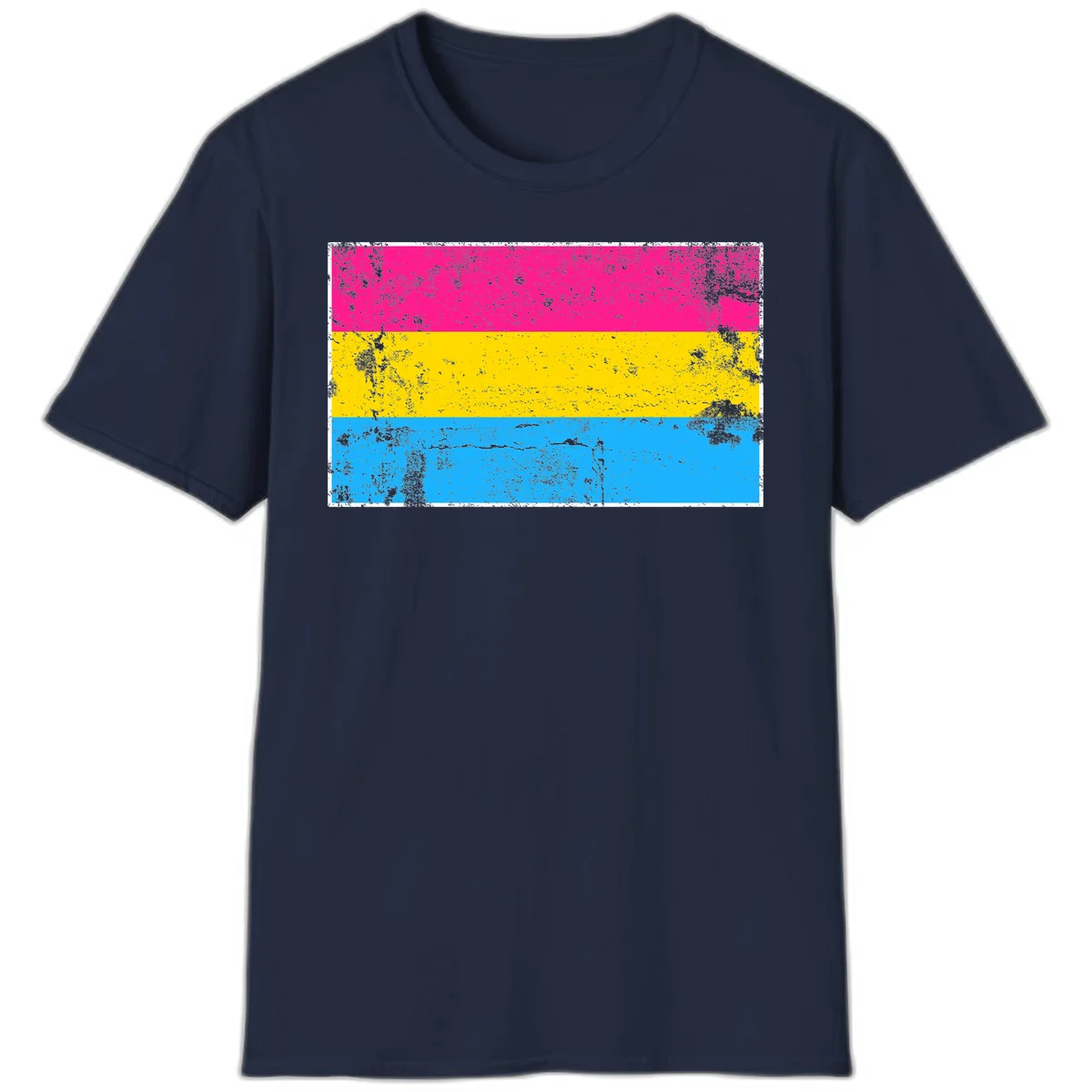 Pan pride distressed flag with magenta, yellow, and cyan blue horizontal stripes featuring heavy grunge texture overlay in Navy