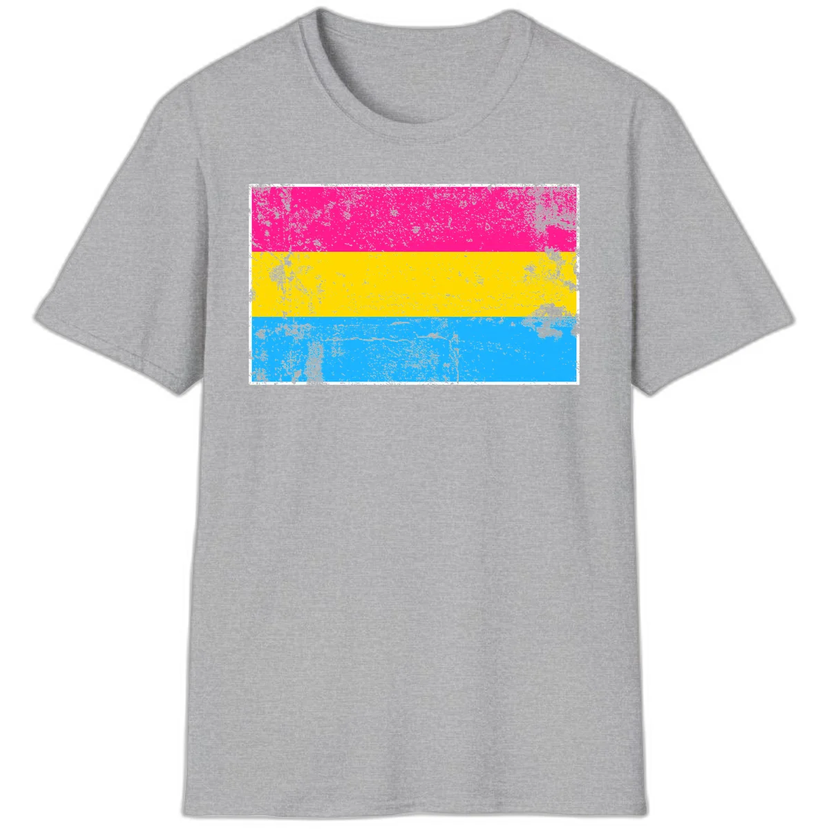Pan pride distressed flag with magenta, yellow, and cyan blue horizontal stripes featuring heavy grunge texture overlay in Sport Grey