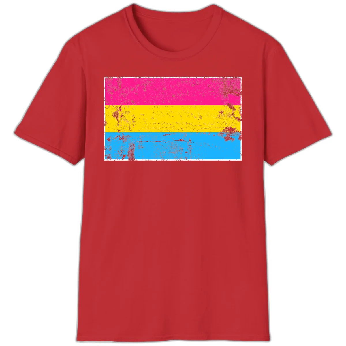 Pan pride distressed flag with magenta, yellow, and cyan blue horizontal stripes featuring heavy grunge texture overlay in Red
