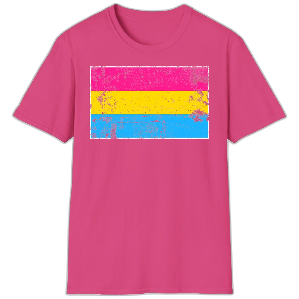 Pan pride distressed flag with magenta, yellow, and cyan blue horizontal stripes featuring heavy grunge texture overlay in Heliconia