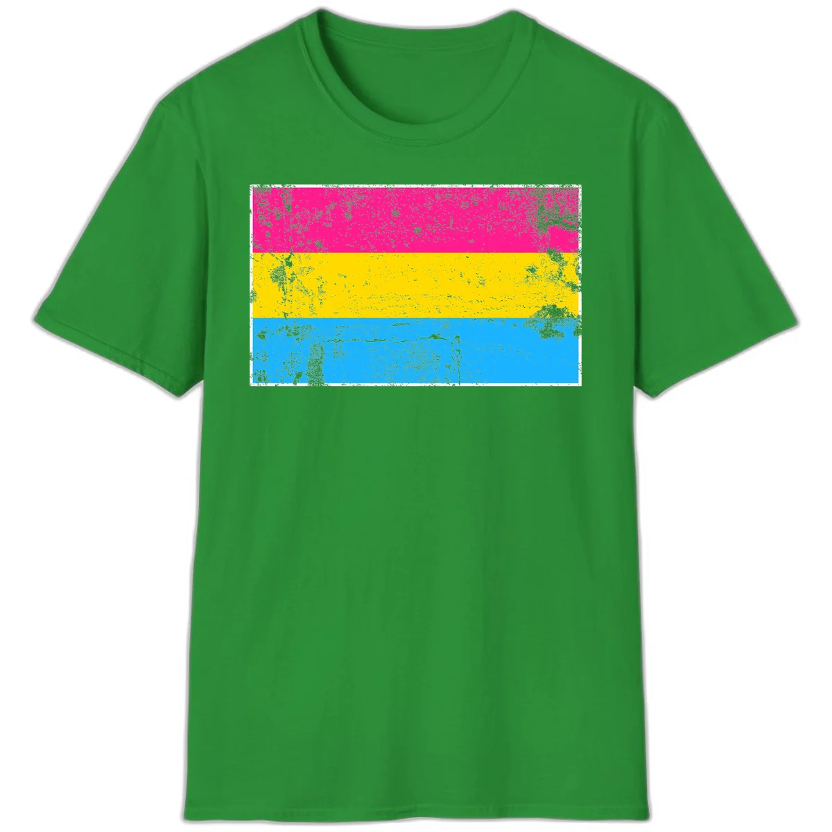 Pan pride distressed flag with magenta, yellow, and cyan blue horizontal stripes featuring heavy grunge texture overlay in Irish Green