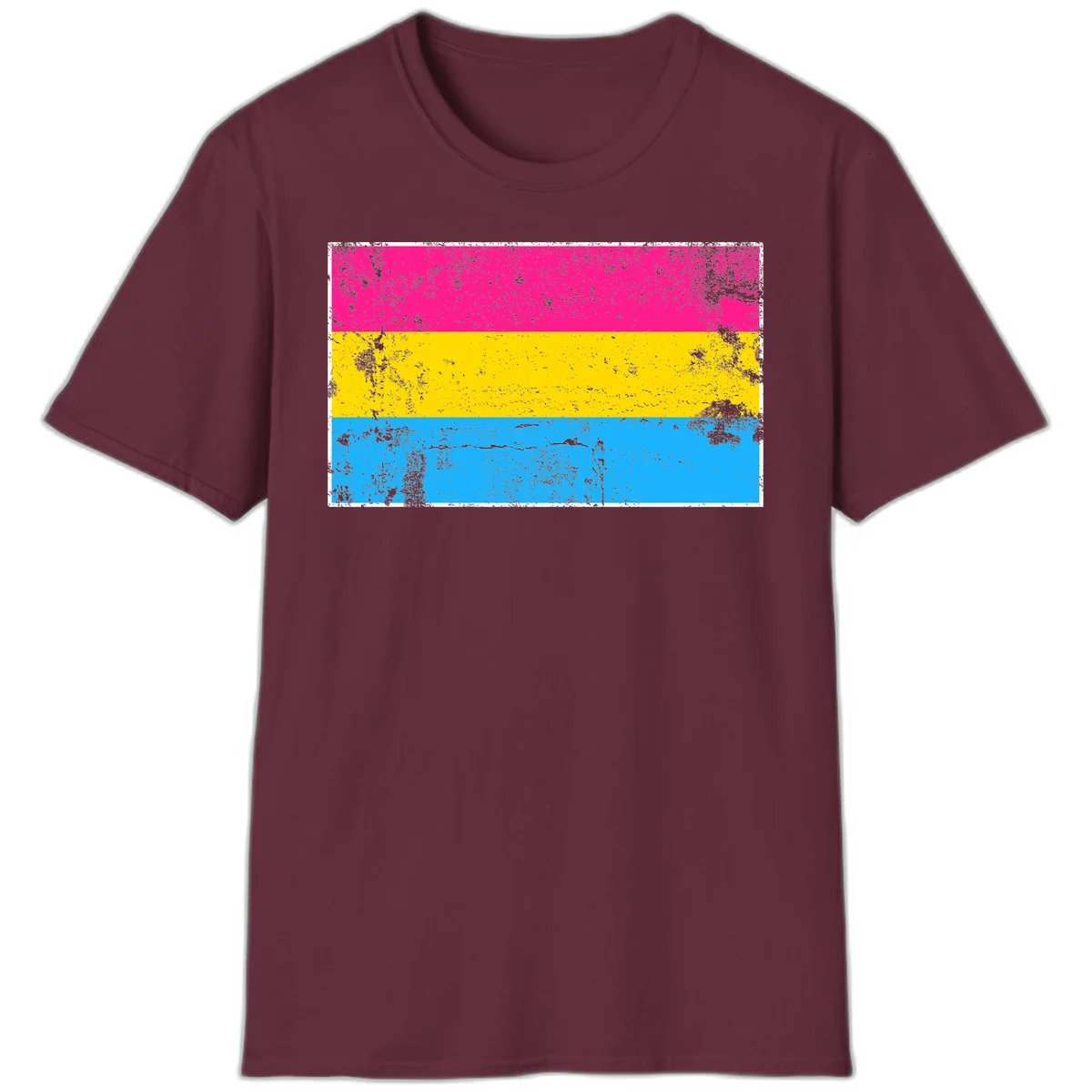 Pan pride distressed flag with magenta, yellow, and cyan blue horizontal stripes featuring heavy grunge texture overlay in Maroon