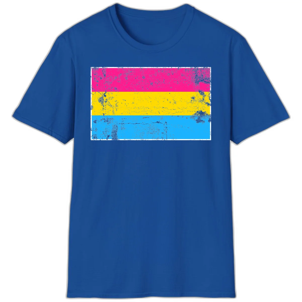 Pan pride distressed flag with magenta, yellow, and cyan blue horizontal stripes featuring heavy grunge texture overlay in Royal