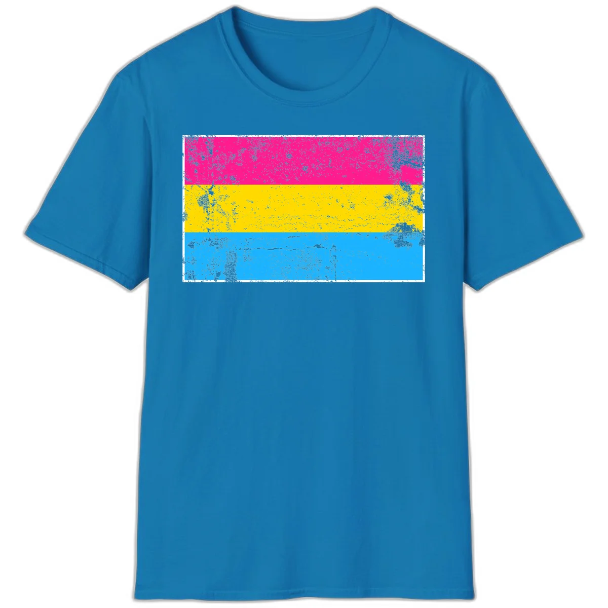Pan pride distressed flag with magenta, yellow, and cyan blue horizontal stripes featuring heavy grunge texture overlay in Sapphire