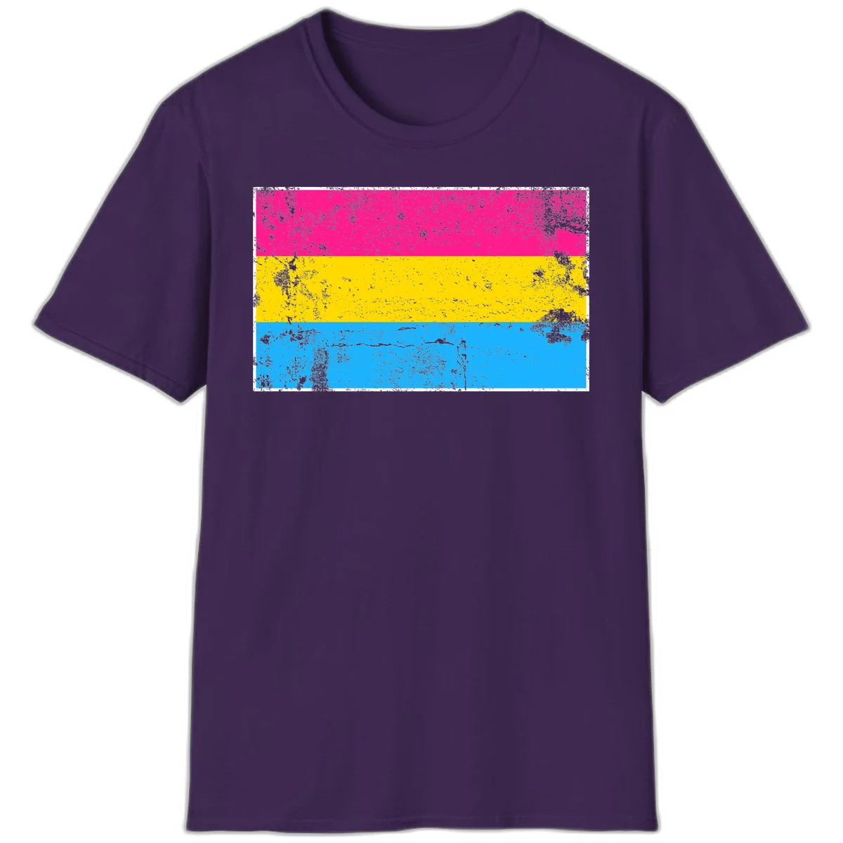 Pan pride distressed flag with magenta, yellow, and cyan blue horizontal stripes featuring heavy grunge texture overlay in Purple