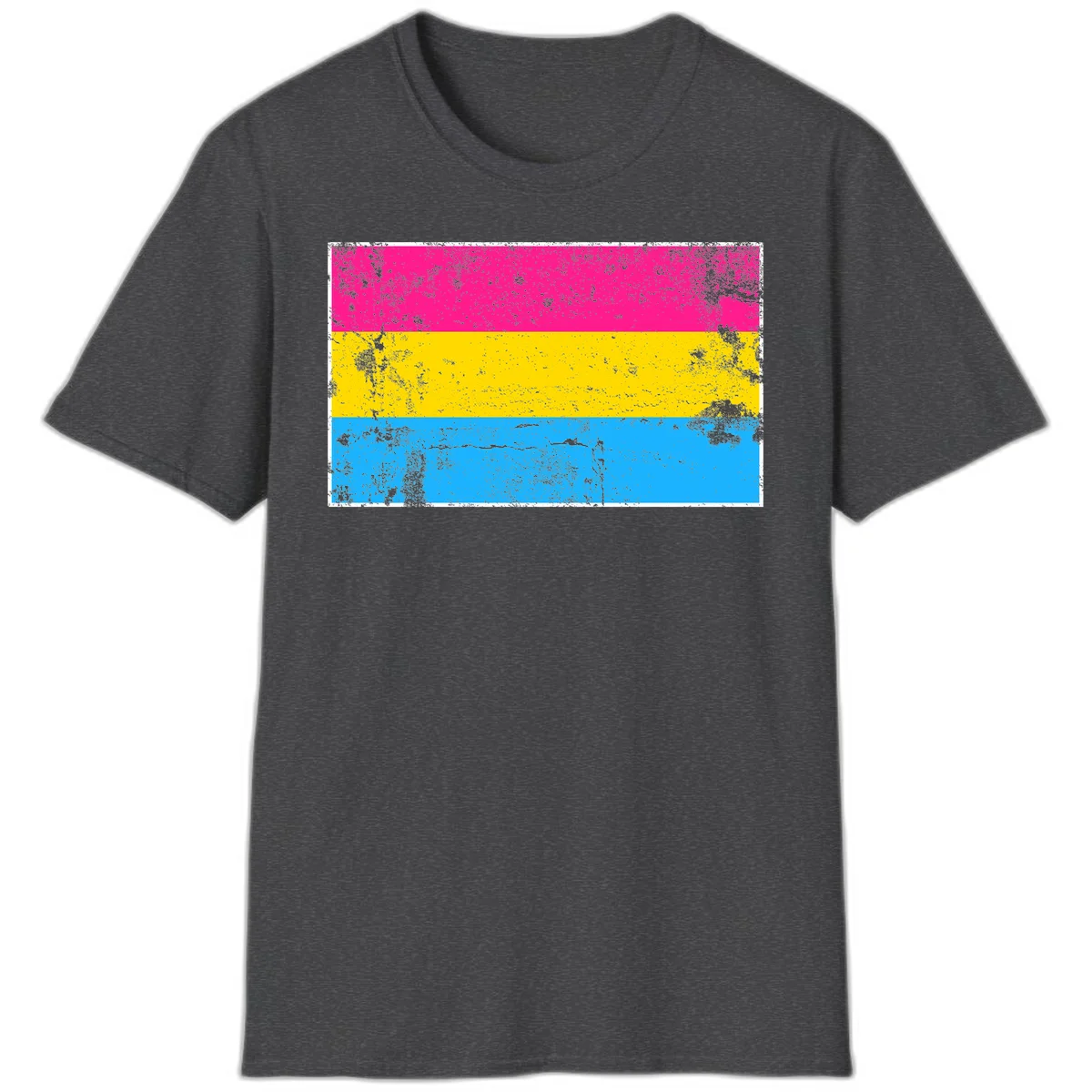 Pan pride distressed flag with magenta, yellow, and cyan blue horizontal stripes featuring heavy grunge texture overlay in Dark Heather