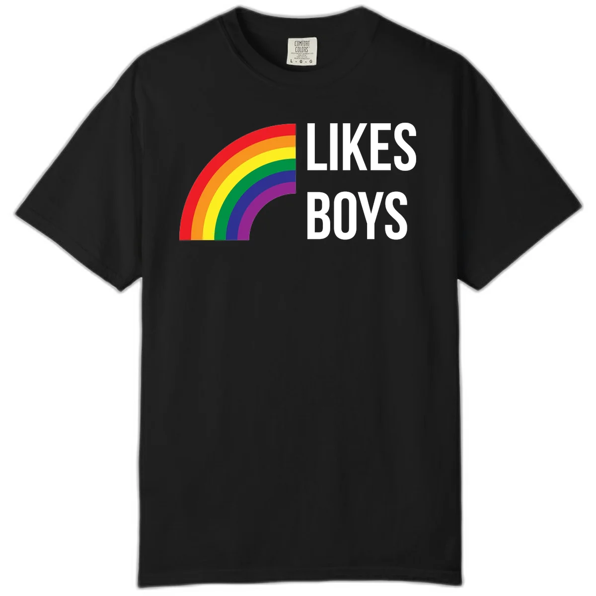 Likes boys pride design featuring a colorful rainbow arc with bold white text on gray background in Black