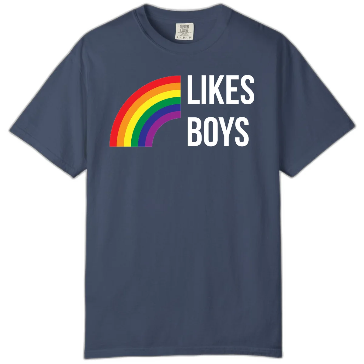 Likes boys pride design featuring a colorful rainbow arc with bold white text on gray background in Midnight