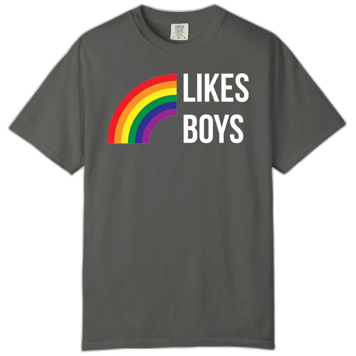 Likes boys pride design featuring a colorful rainbow arc with bold white text on gray background in Pepper