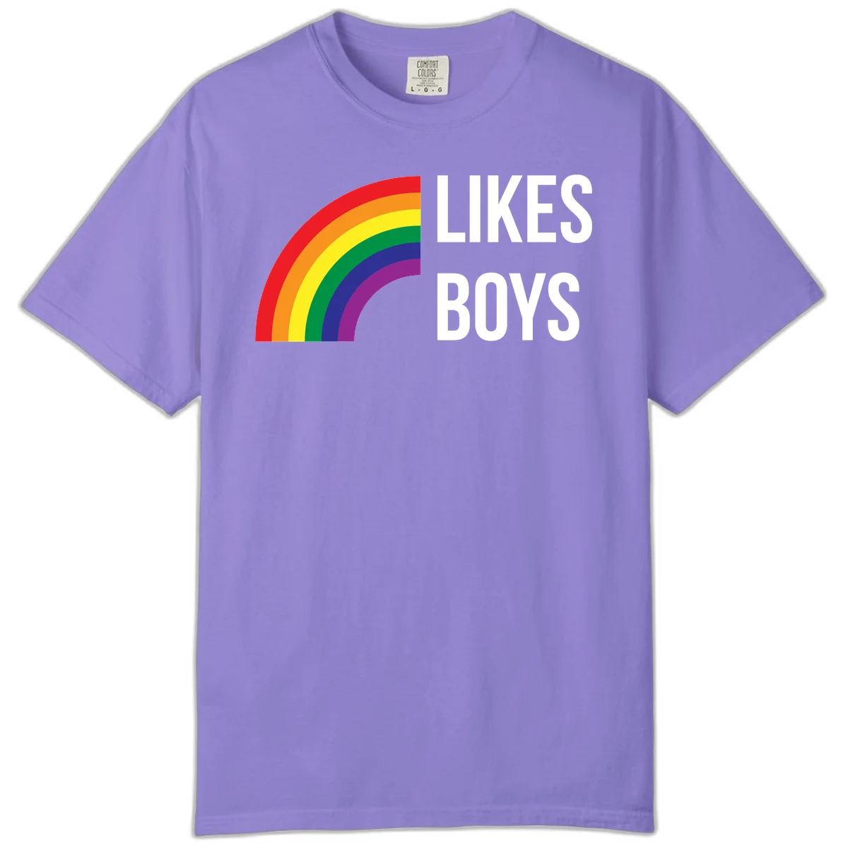 Likes boys pride design featuring a colorful rainbow arc with bold white text on gray background in Violet