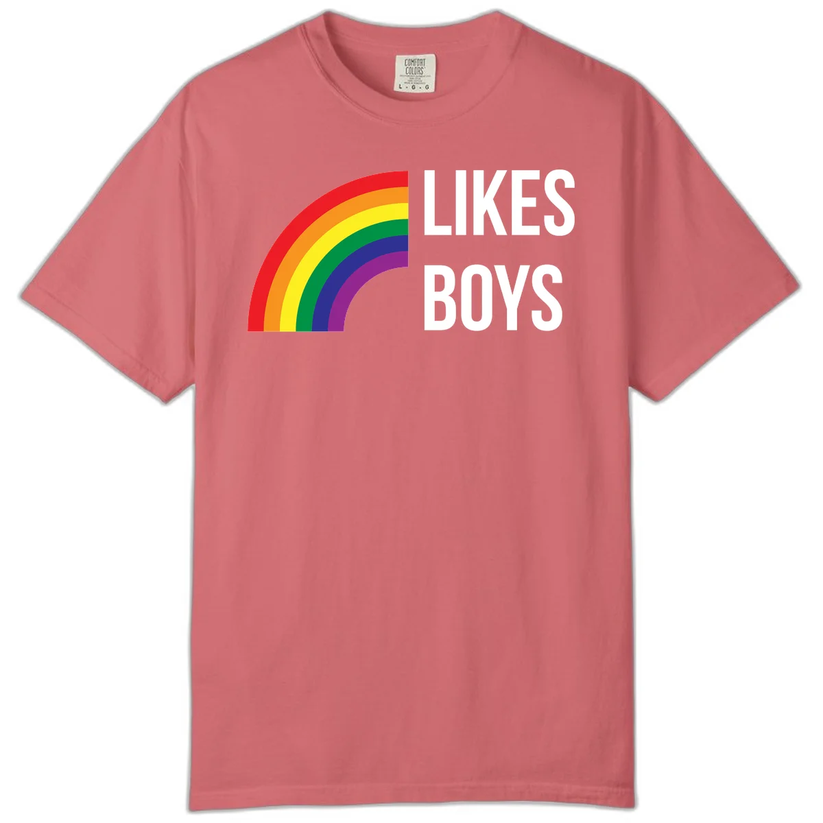 Likes boys pride design featuring a colorful rainbow arc with bold white text on gray background in Watermelon