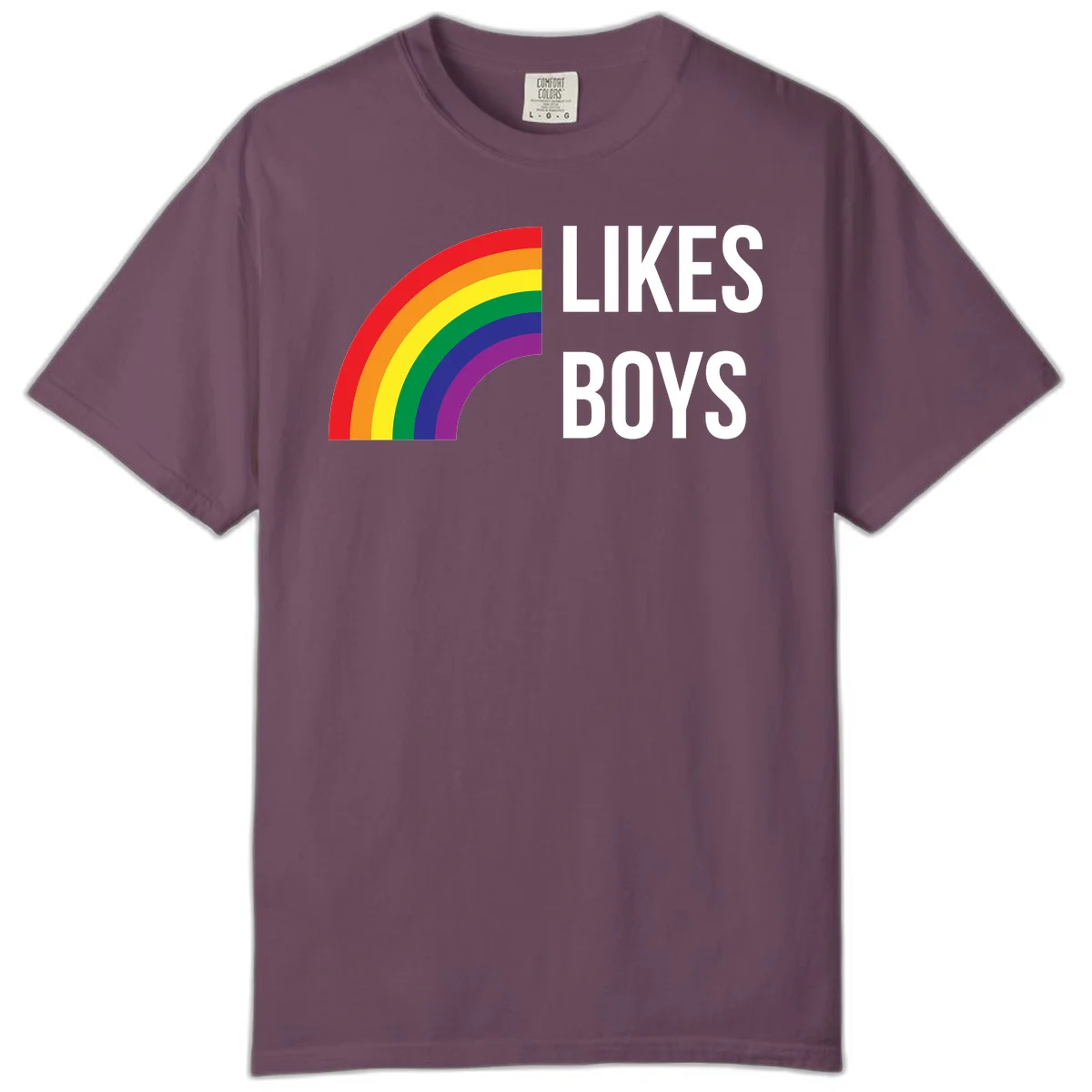 Likes boys pride design featuring a colorful rainbow arc with bold white text on gray background in Berry