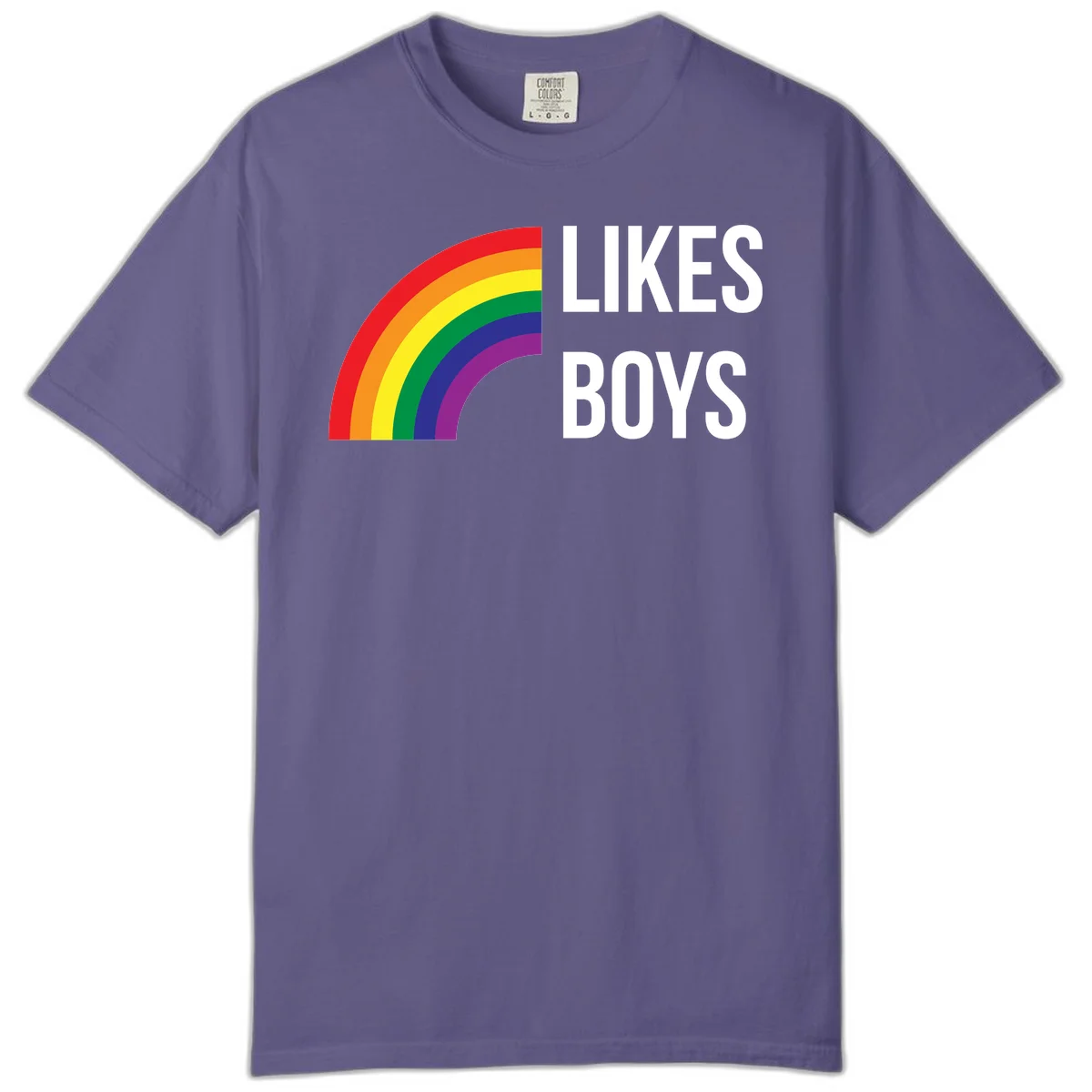 Likes boys pride design featuring a colorful rainbow arc with bold white text on gray background in Grape