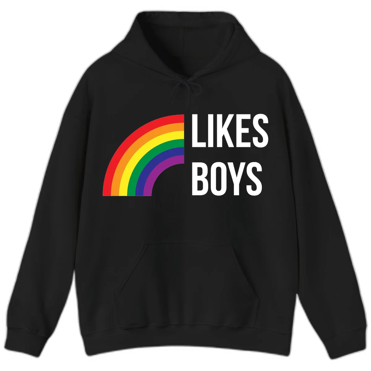 Likes boys pride design featuring a colorful rainbow arc with bold white text on gray background in Black