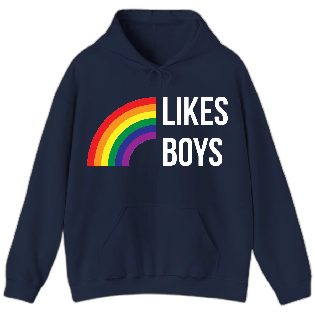 Likes boys pride design featuring a colorful rainbow arc with bold white text on gray background in Navy