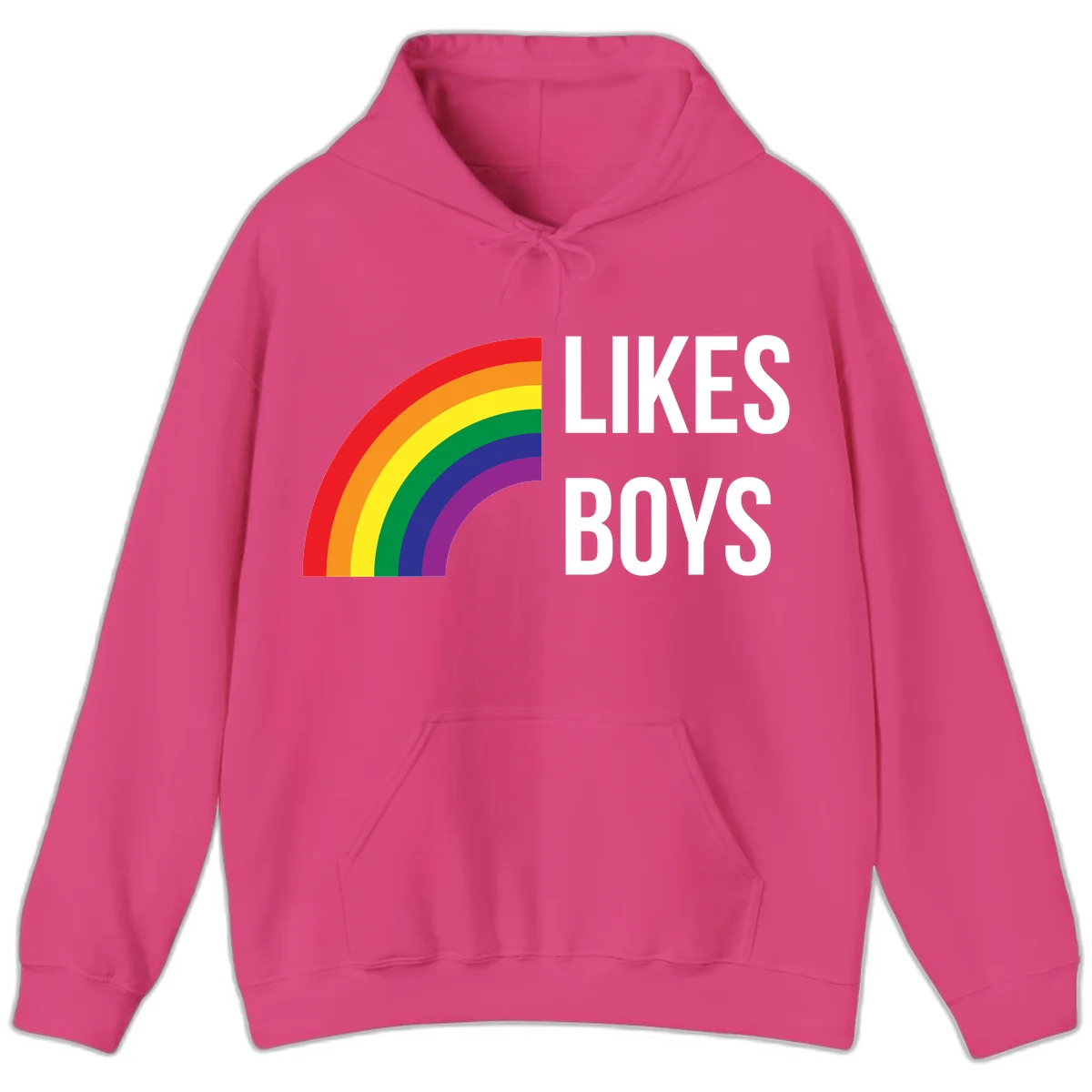 Likes boys pride design featuring a colorful rainbow arc with bold white text on gray background in Heliconia