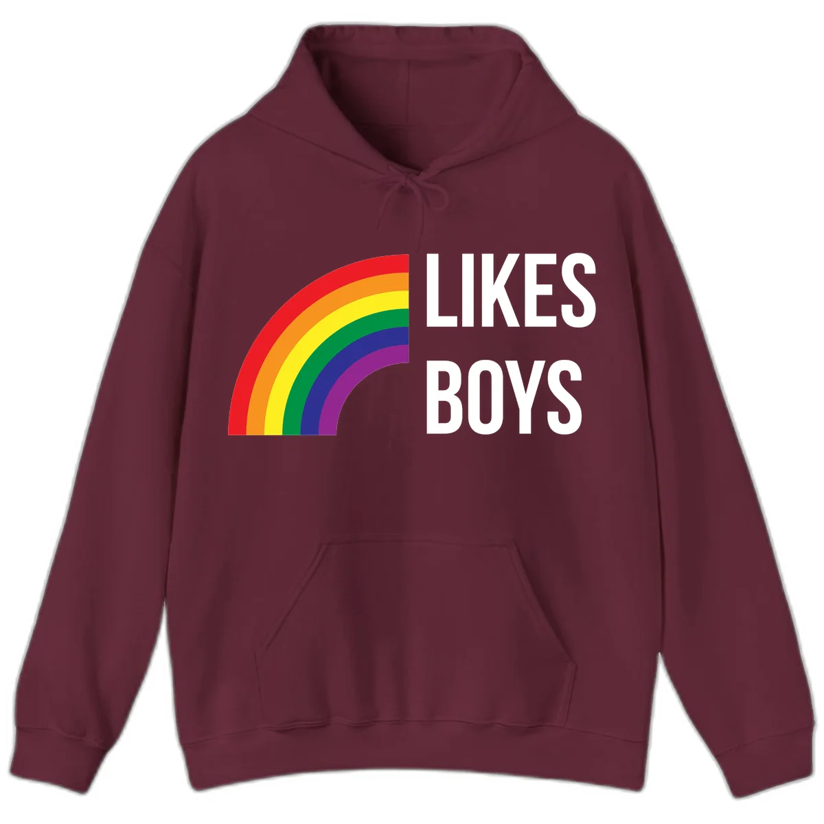 Likes boys pride design featuring a colorful rainbow arc with bold white text on gray background in Maroon