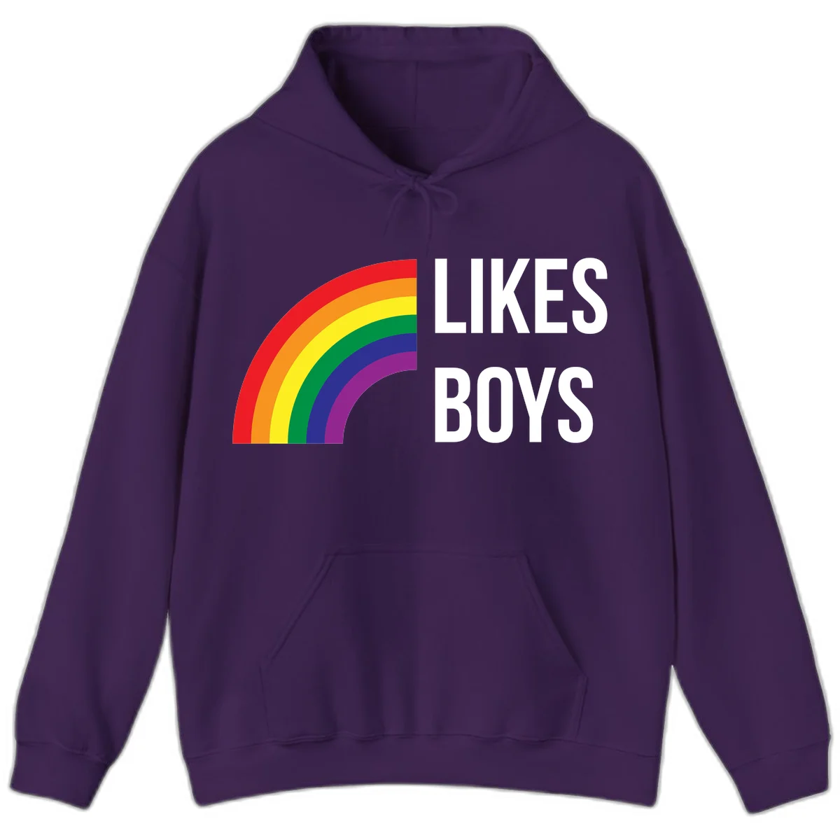 Likes boys pride design featuring a colorful rainbow arc with bold white text on gray background in Purple