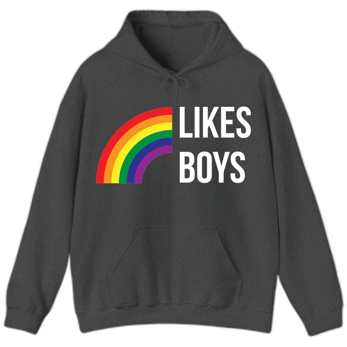 Likes boys pride design featuring a colorful rainbow arc with bold white text on gray background in Dark Heather