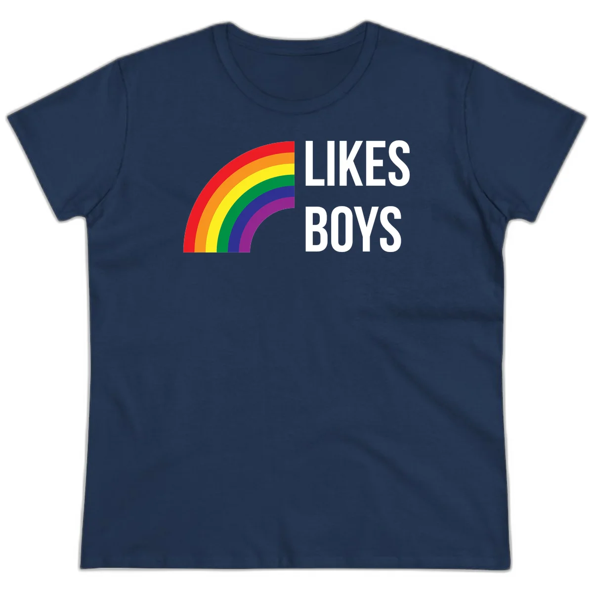 Likes boys pride design featuring a colorful rainbow arc with bold white text on gray background in Navy
