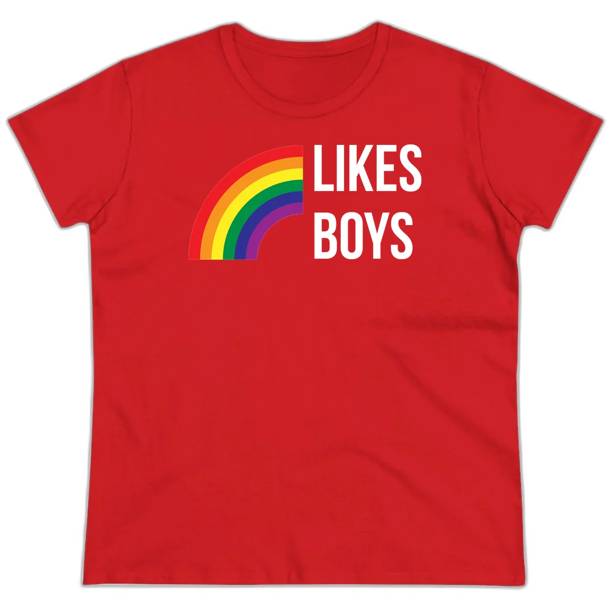 Likes boys pride design featuring a colorful rainbow arc with bold white text on gray background in Red