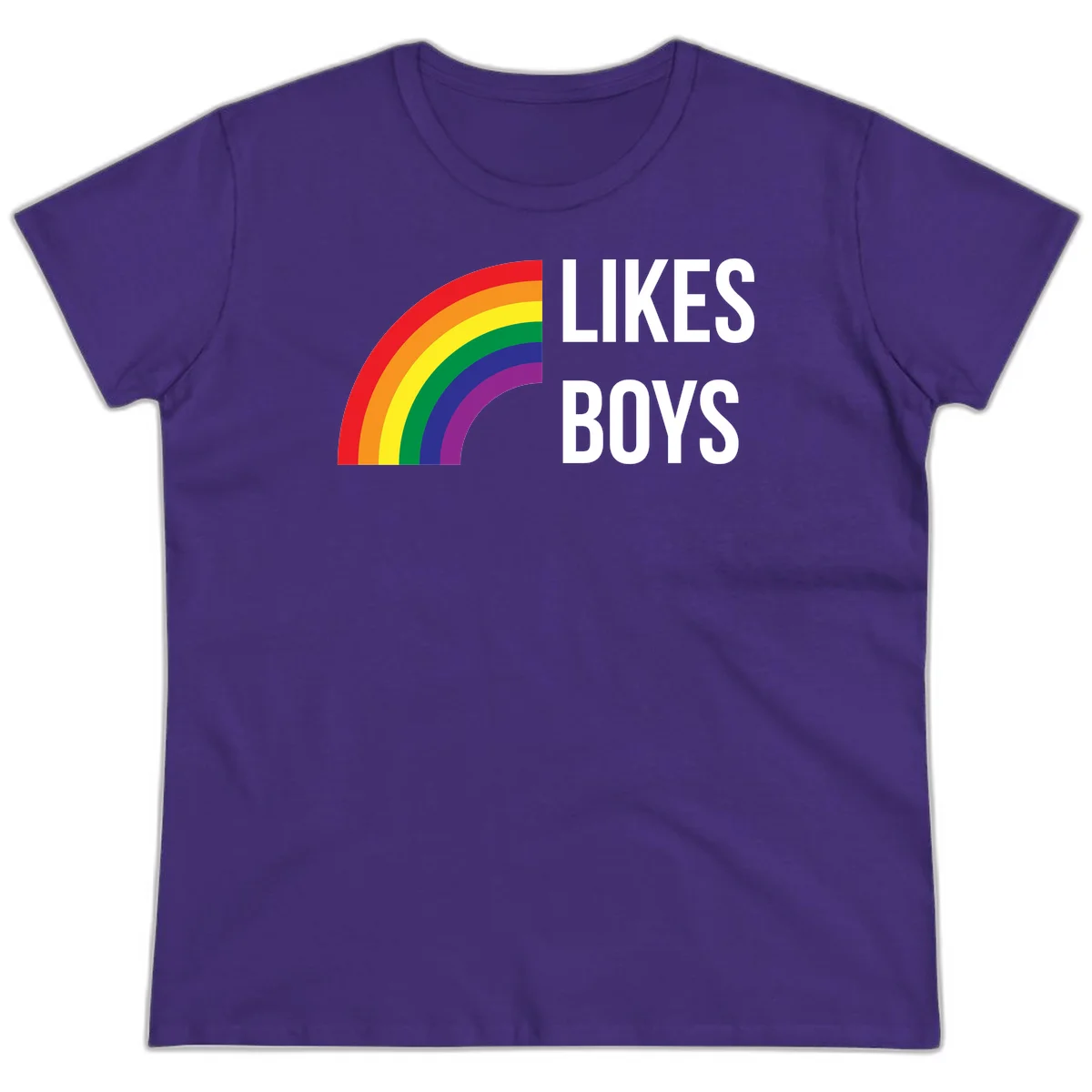 Likes boys pride design featuring a colorful rainbow arc with bold white text on gray background in Purple