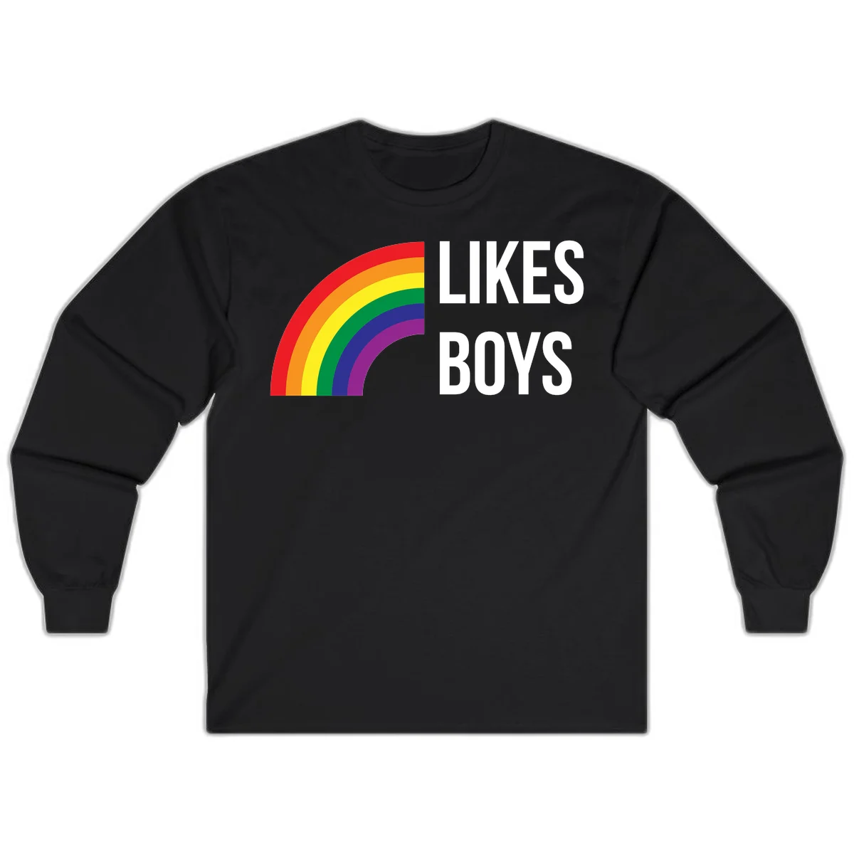 Likes boys pride design featuring a colorful rainbow arc with bold white text on gray background in Black