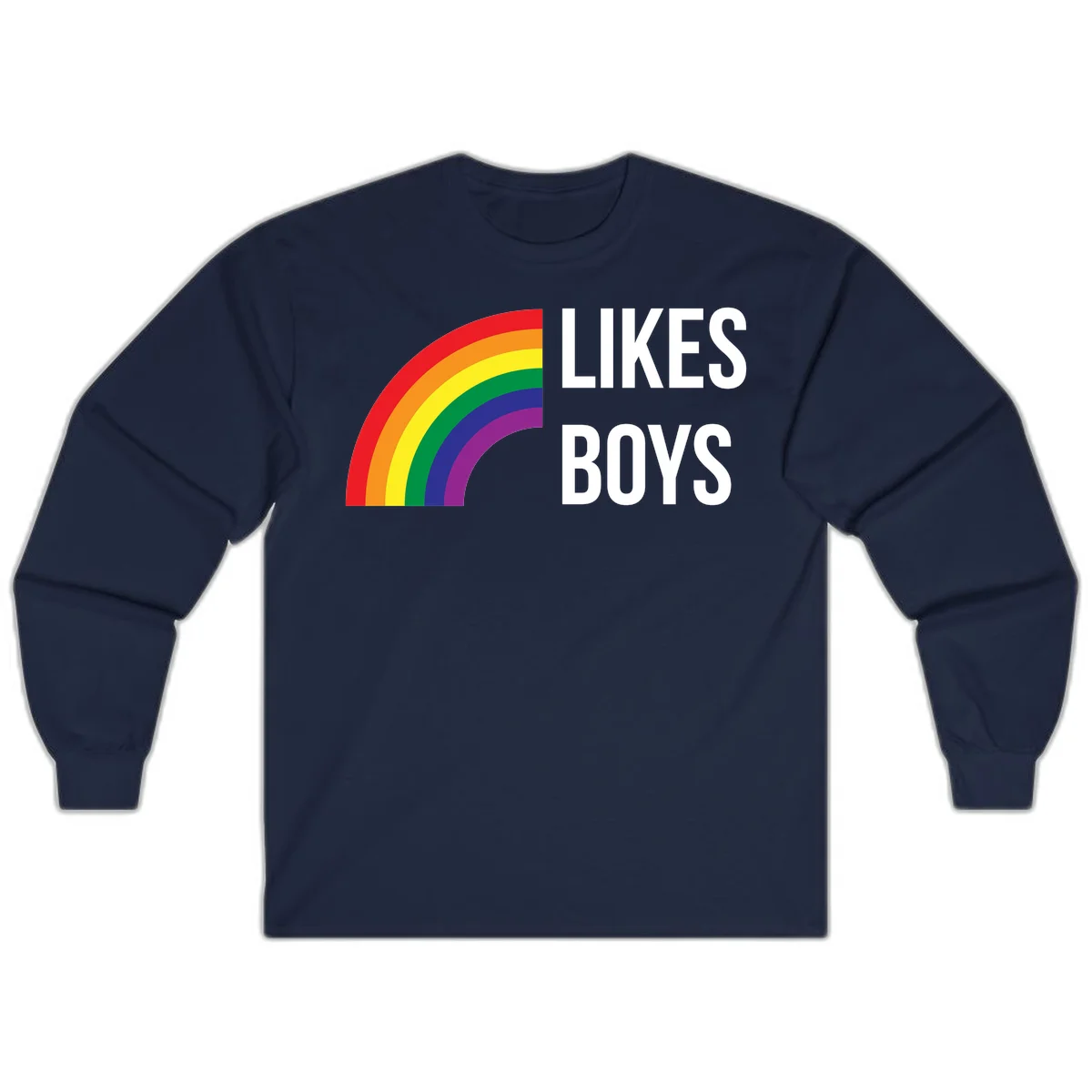 Likes boys pride design featuring a colorful rainbow arc with bold white text on gray background in Navy