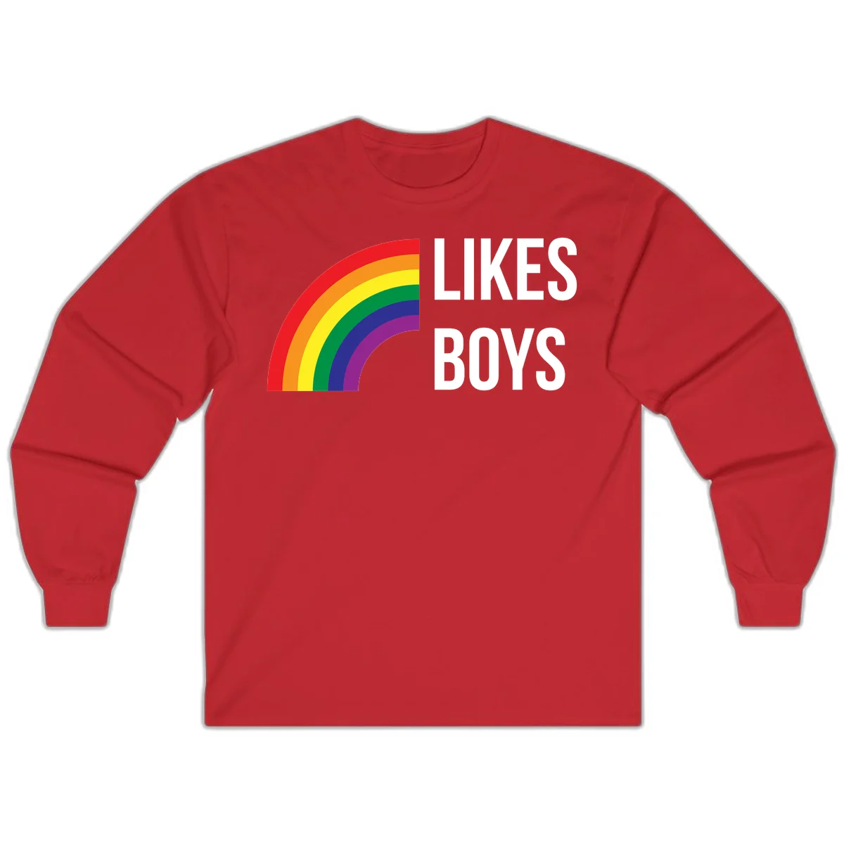Likes boys pride design featuring a colorful rainbow arc with bold white text on gray background in Red