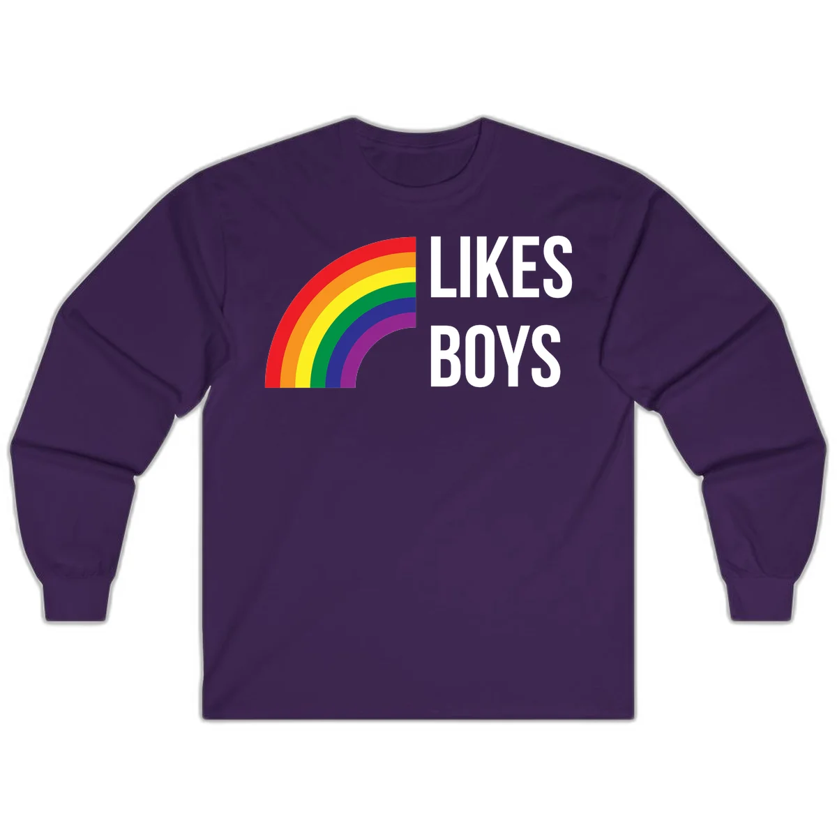 Likes boys pride design featuring a colorful rainbow arc with bold white text on gray background in Purple
