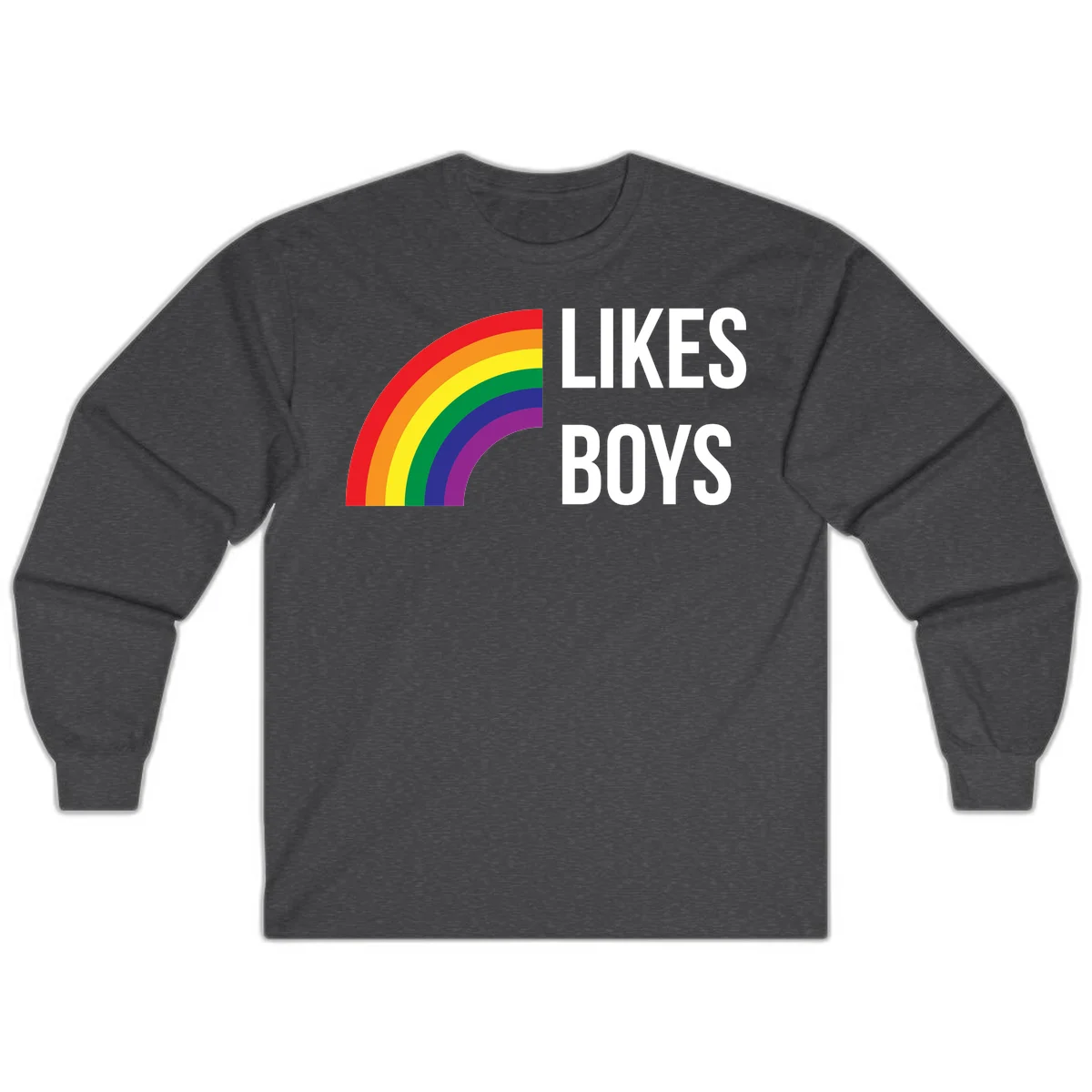 Likes boys pride design featuring a colorful rainbow arc with bold white text on gray background in Dark Heather