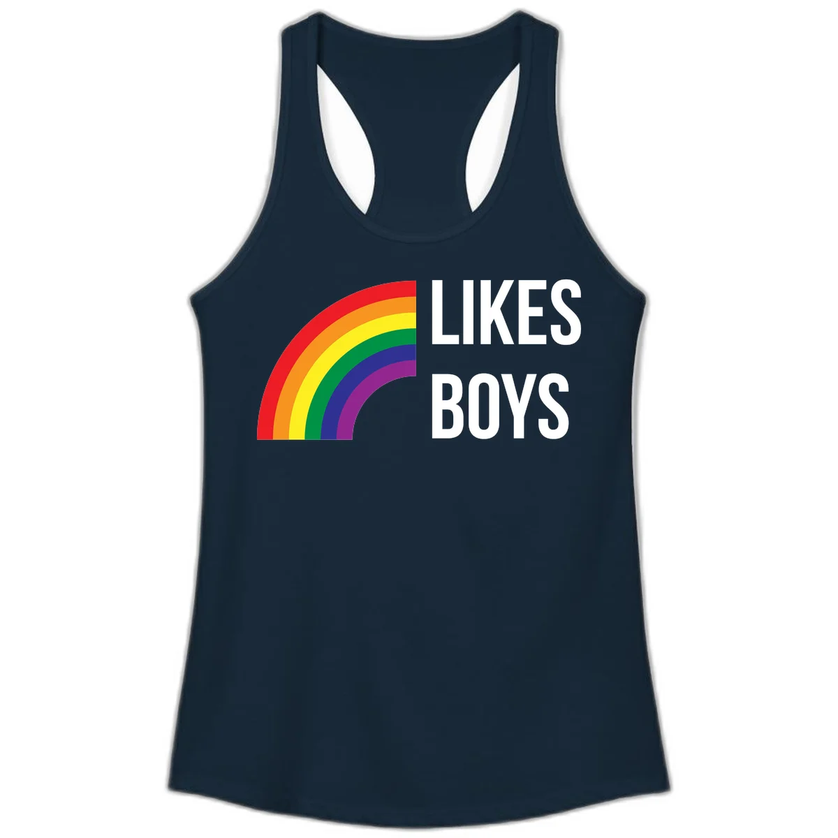 Likes boys pride design featuring a colorful rainbow arc with bold white text on gray background in Solid Midnight Navy
