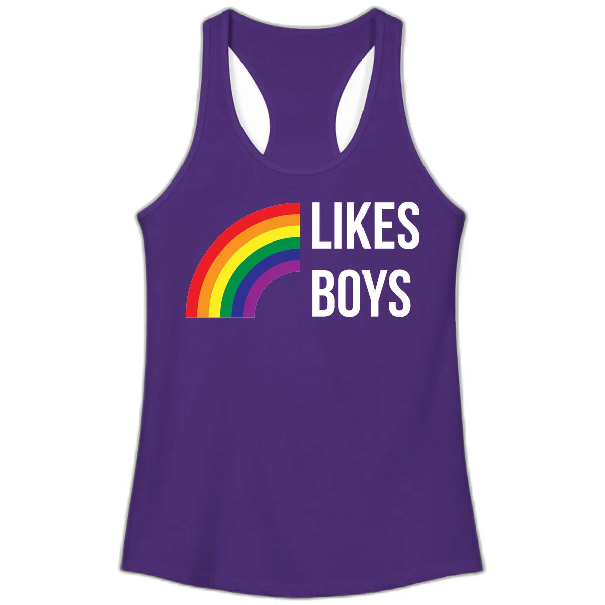 Likes boys pride design featuring a colorful rainbow arc with bold white text on gray background in Solid Purple Rush