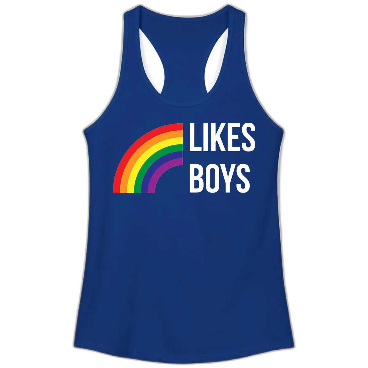Likes boys pride design featuring a colorful rainbow arc with bold white text on gray background in Solid Royal