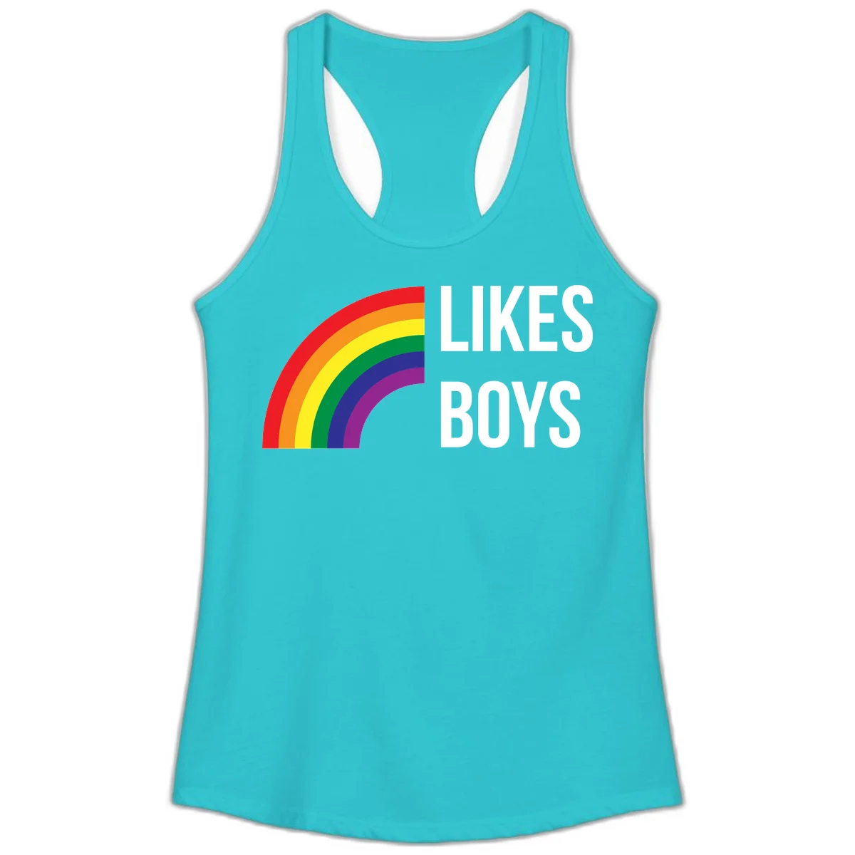 Likes boys pride design featuring a colorful rainbow arc with bold white text on gray background in Solid Tahiti Blue