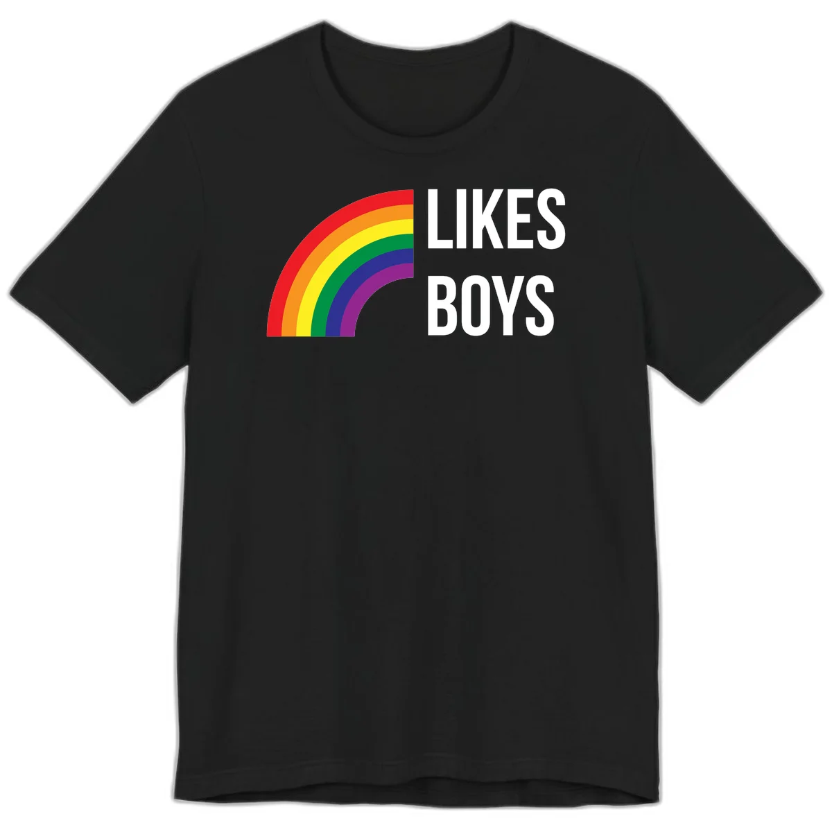 Likes boys pride design featuring a colorful rainbow arc with bold white text on gray background in Black