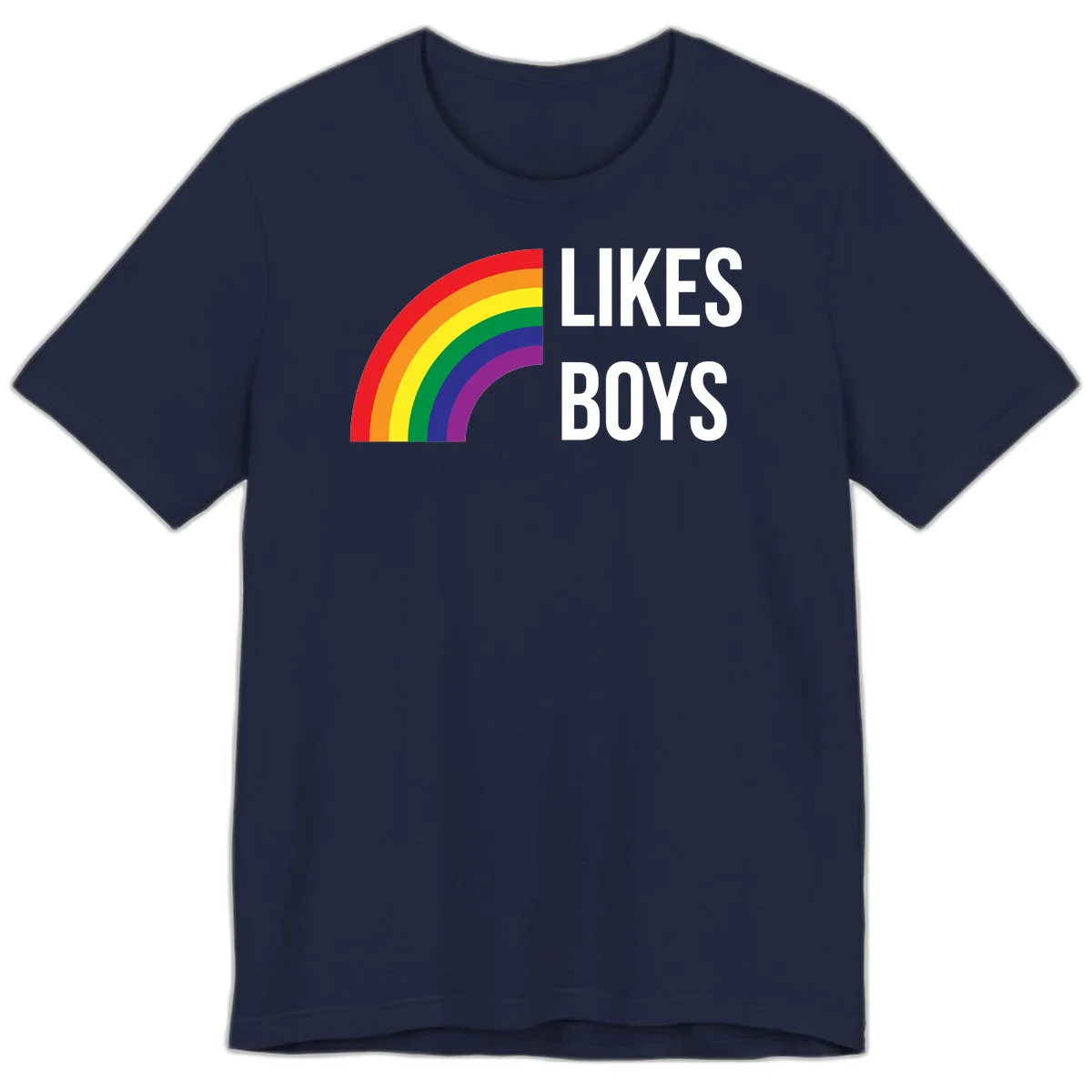 Likes boys pride design featuring a colorful rainbow arc with bold white text on gray background in Navy