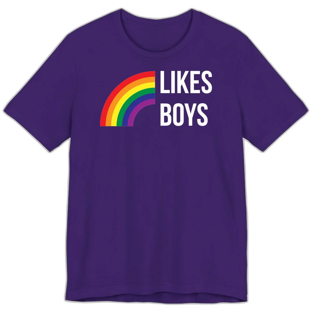 Likes boys pride design featuring a colorful rainbow arc with bold white text on gray background in Team Purple