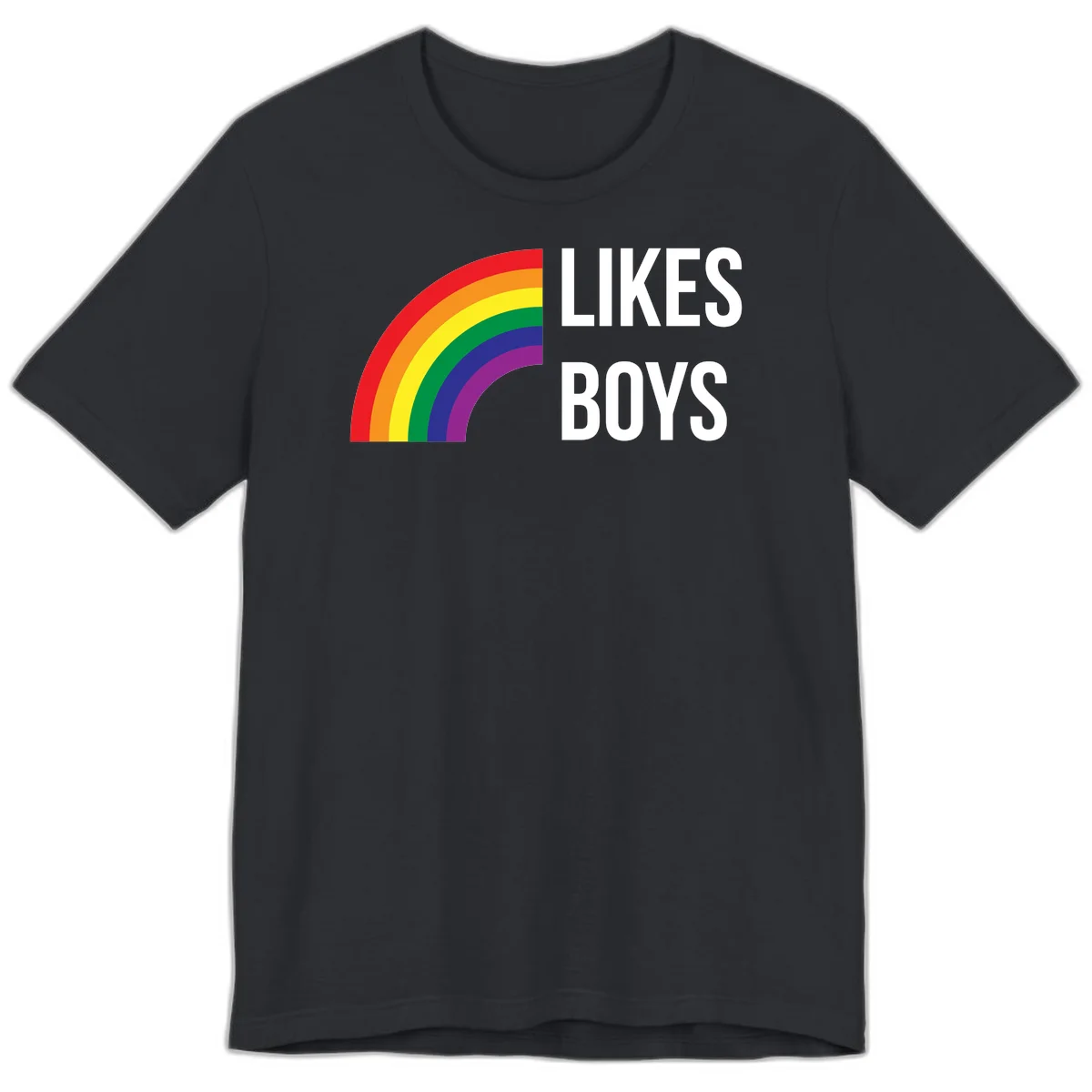 Likes boys pride design featuring a colorful rainbow arc with bold white text on gray background in Vintage Black