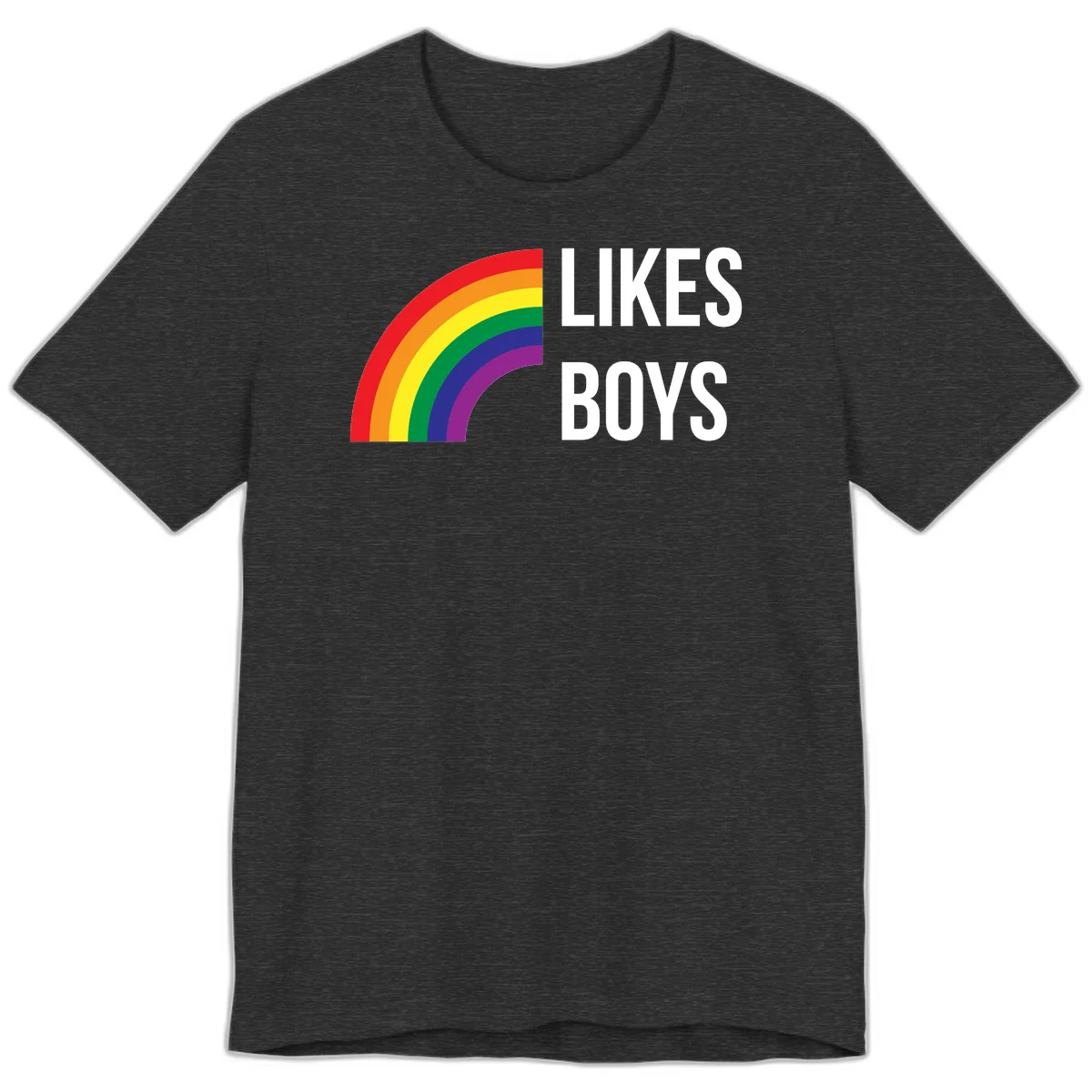 Likes boys pride design featuring a colorful rainbow arc with bold white text on gray background in Dark Grey Heather