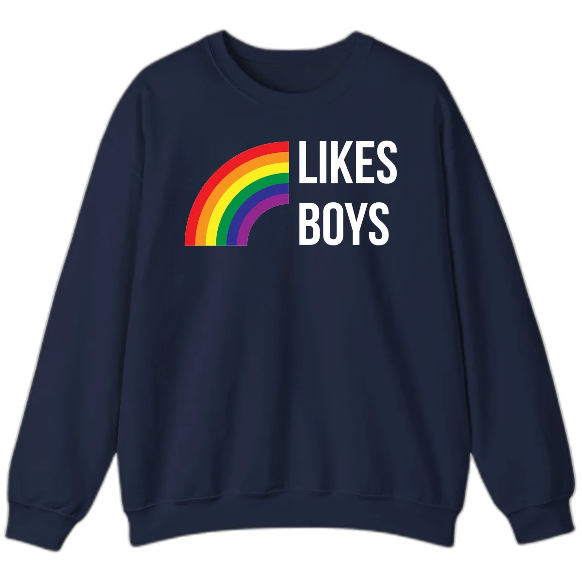 Likes boys pride design featuring a colorful rainbow arc with bold white text on gray background in Navy