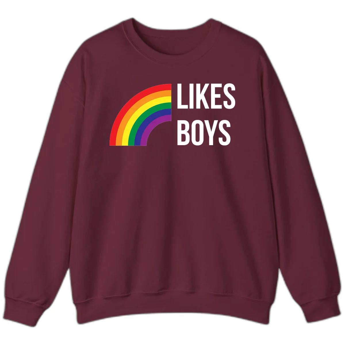 Likes boys pride design featuring a colorful rainbow arc with bold white text on gray background in Maroon