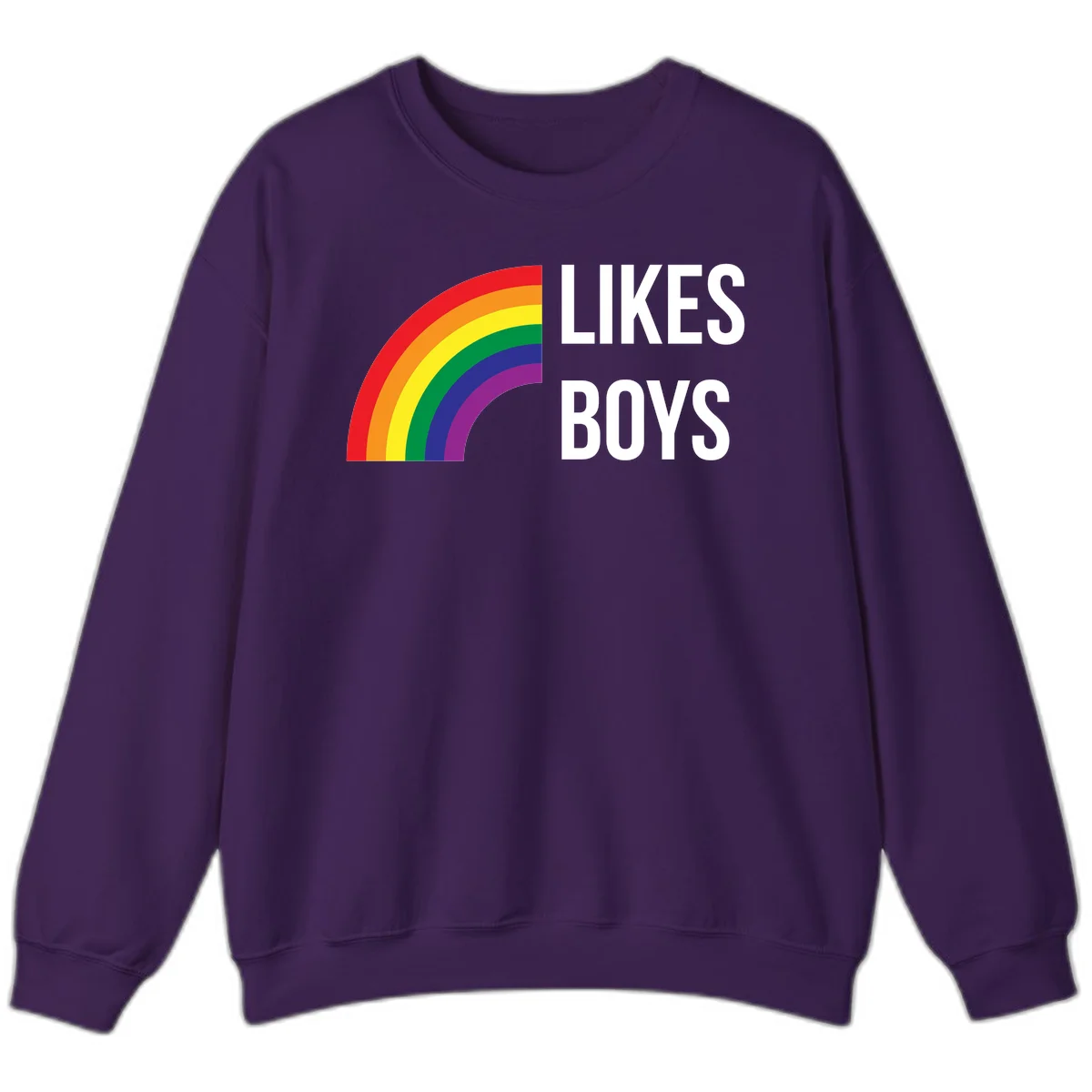 Likes boys pride design featuring a colorful rainbow arc with bold white text on gray background in Purple