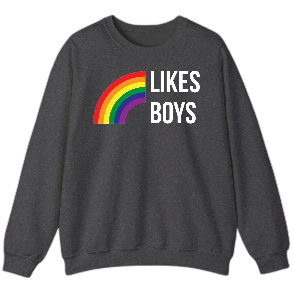 Likes boys pride design featuring a colorful rainbow arc with bold white text on gray background in Dark Heather