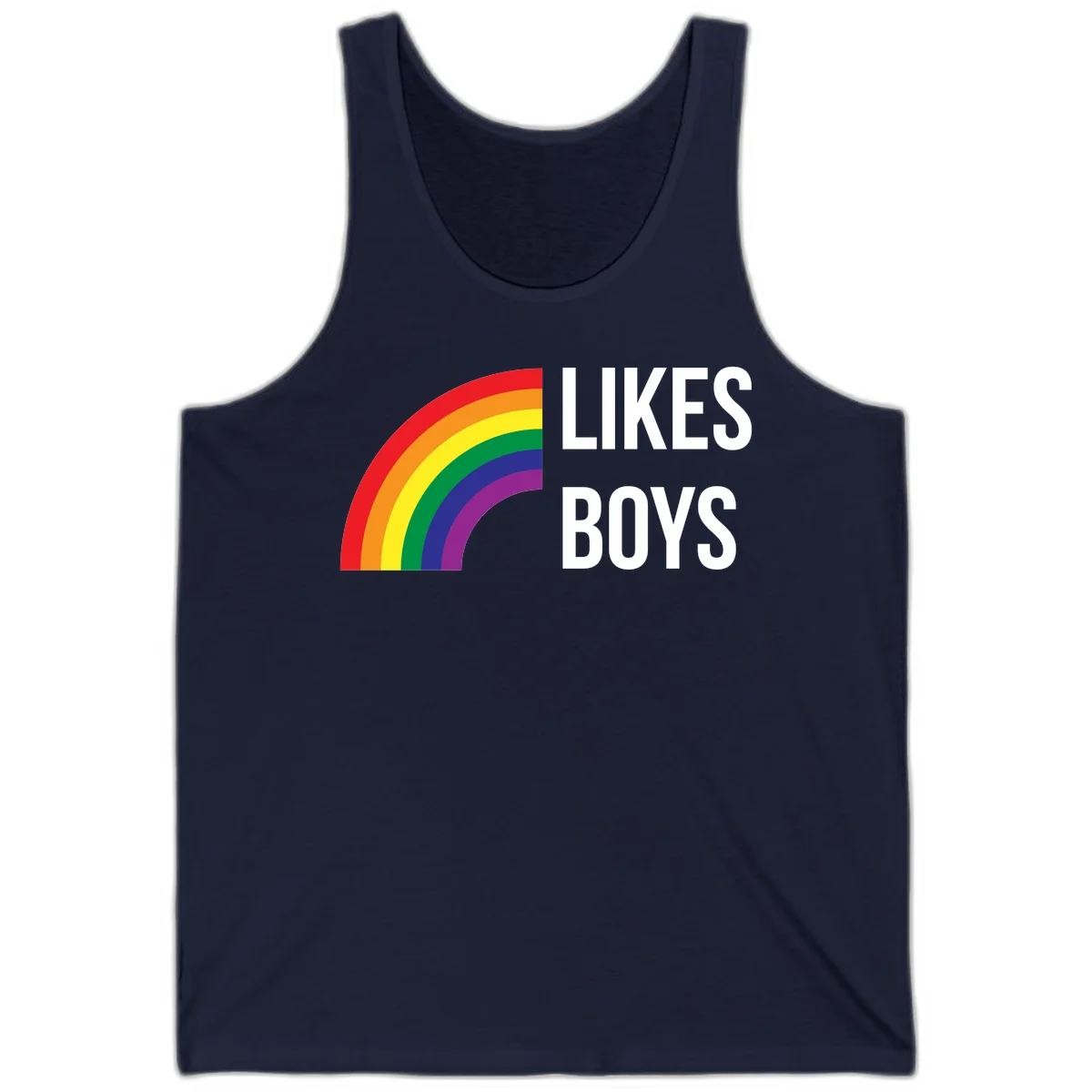 Likes boys pride design featuring a colorful rainbow arc with bold white text on gray background in Navy