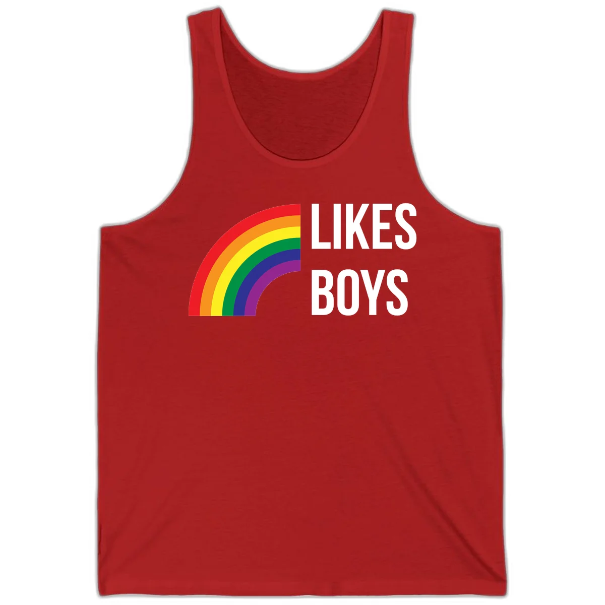 Likes boys pride design featuring a colorful rainbow arc with bold white text on gray background in Red