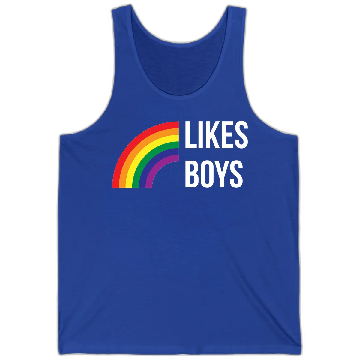 Likes boys pride design featuring a colorful rainbow arc with bold white text on gray background in True Royal