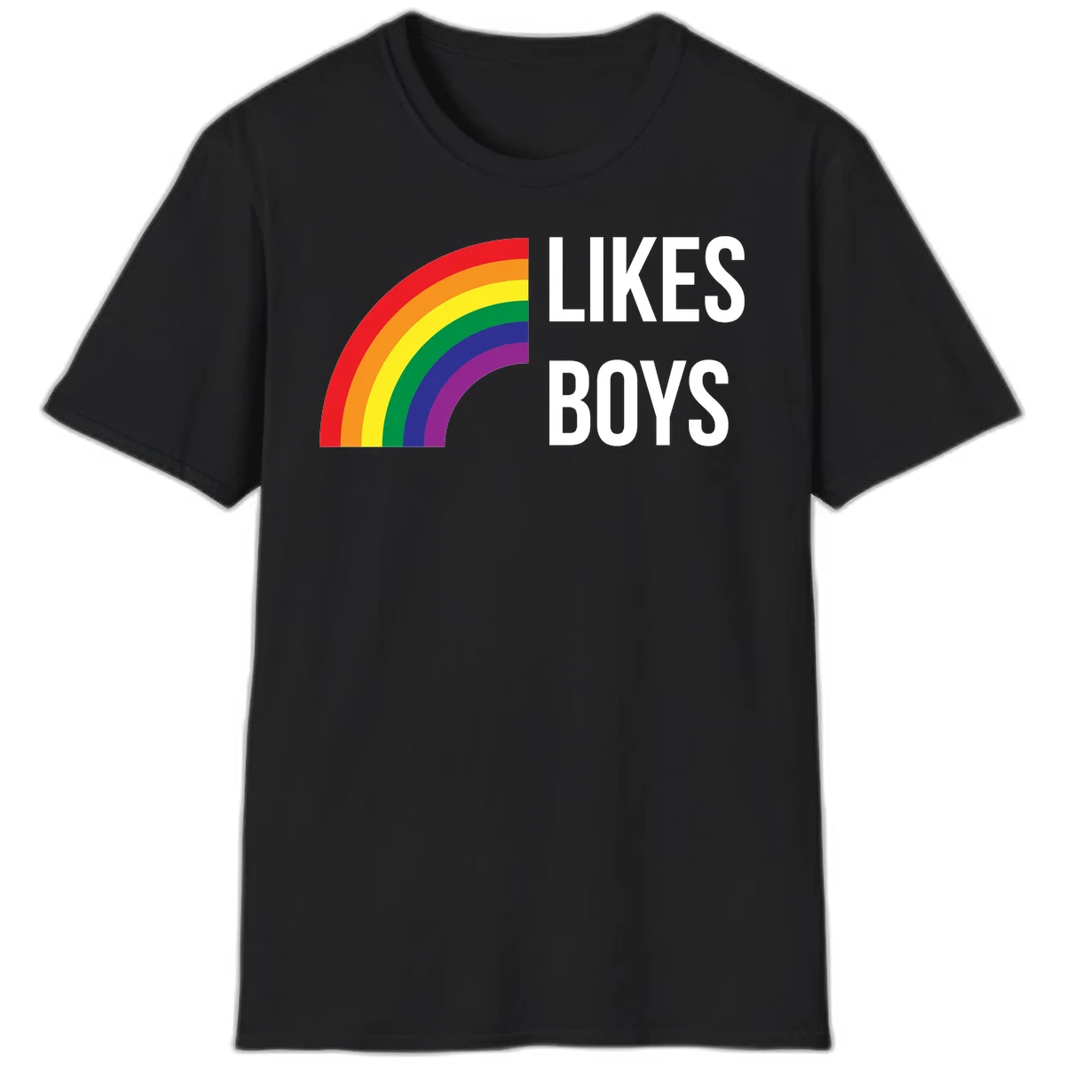 Likes boys pride design featuring a colorful rainbow arc with bold white text on gray background in Black