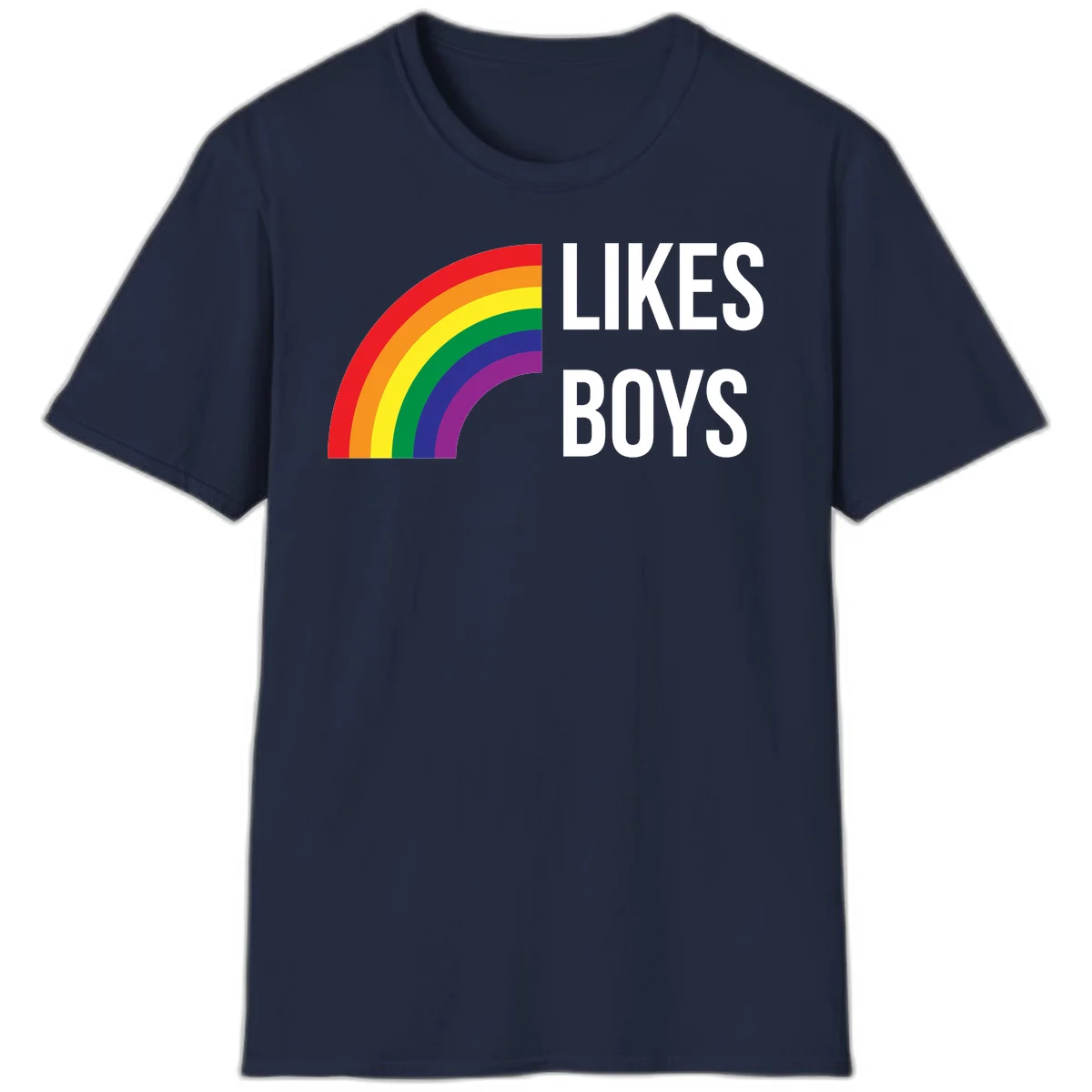 Likes boys pride design featuring a colorful rainbow arc with bold white text on gray background in Navy